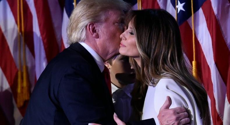 Donald Trump greets wife Melania at the New York Hilton Midtown in New York on November 8, 2016