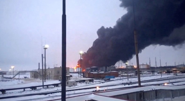 Smoke can be seen coming out of a Russian oil refinery in Ryazan on Wednesday following a barrage of drone strikes from Ukraine.Reuters