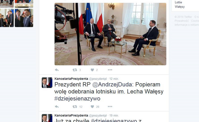 "Popieram wolę odebrania lotnisku imienia Lecha Wałęsy" - taki wpis, jako cytat z wypowiedzi prezydenta Andrzeja Dudy, pojawił się na oficjalnym profilu Kancelarii Prezydenta