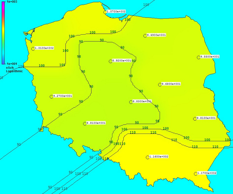 Mapa rozkładu mocy dawki promieniowania gamma w Polsce. Stan na 5 grudnia 2014 r. godzina 17:30