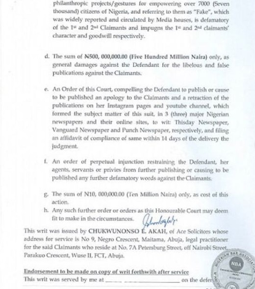 According to Churchill, Tonto Dikeh was aware of his political decision and decided to ruin them with the YouTube video. He then went on to say that the actress should pay the sum of N500M for the general damages incurred by him over the malicious and false publications. [LindaIkeji]