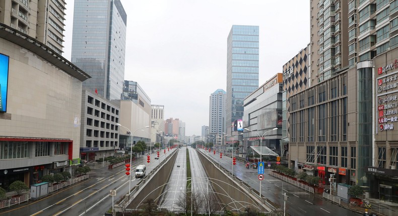 Street view after Wuhan government announced to ban non-essential vehicles in downtown area to contain coronavirus outbreak, on the second day of the Chinese Lunar New Year, in Wuhan, Hubei province, China January 26, 2020. cnsphoto via REUTERS