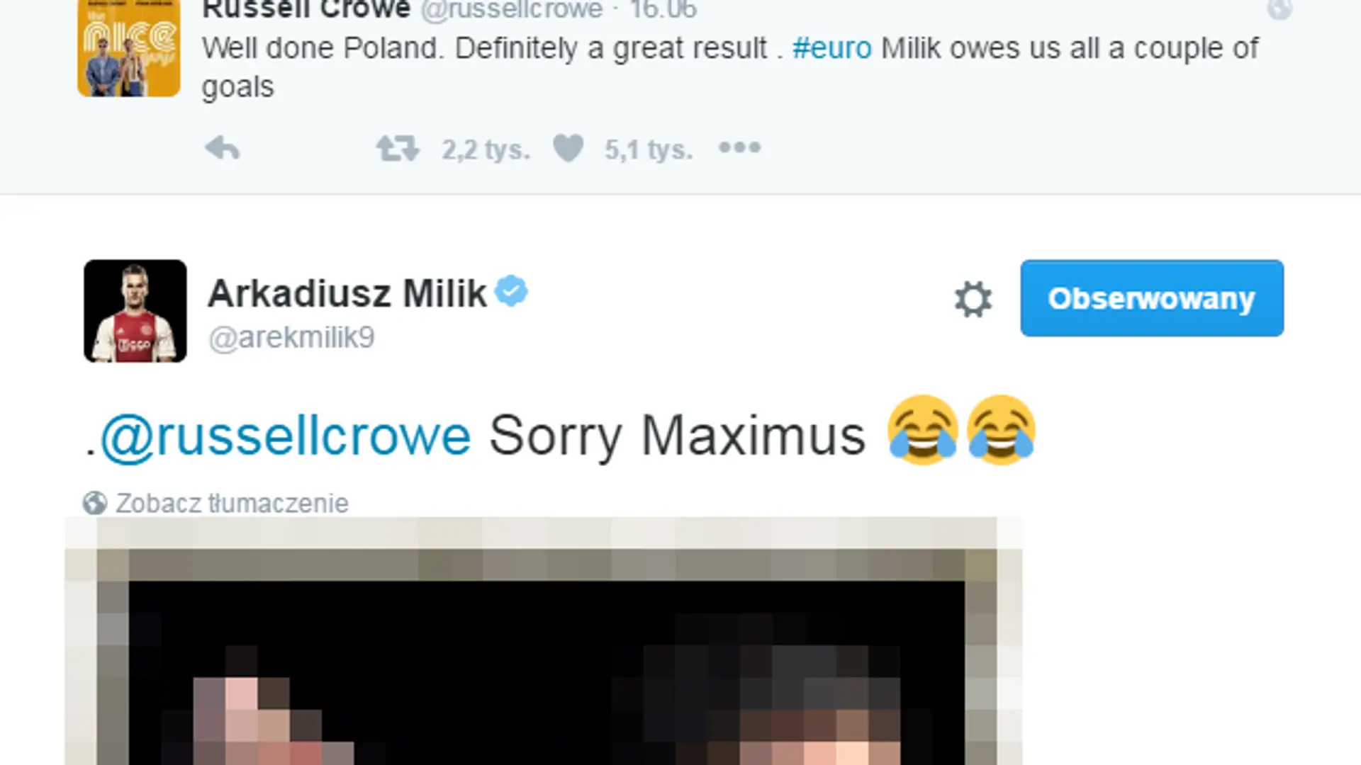 Arek Milik odpowiada na zaczepkę Russella Crowe'a. Błyskotliwa riposta Polaka!