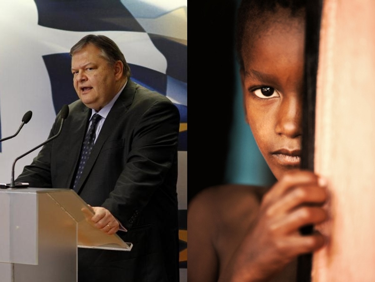 Ewangelos Wenizelos (L) i afrykańskie dziecko (P), fot. Bloomberg, Shutterstock