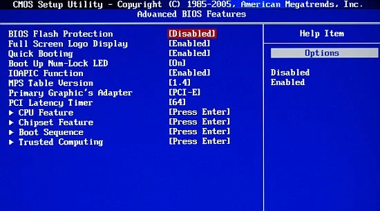 Zakładka Advanced BIOS Features