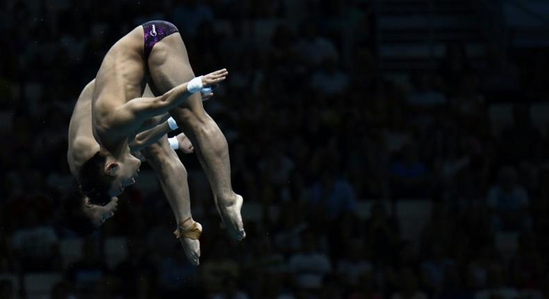 China's Chen Aisen and Yang Hao compete in the men's 10m platform synchro final on July 17, 2017