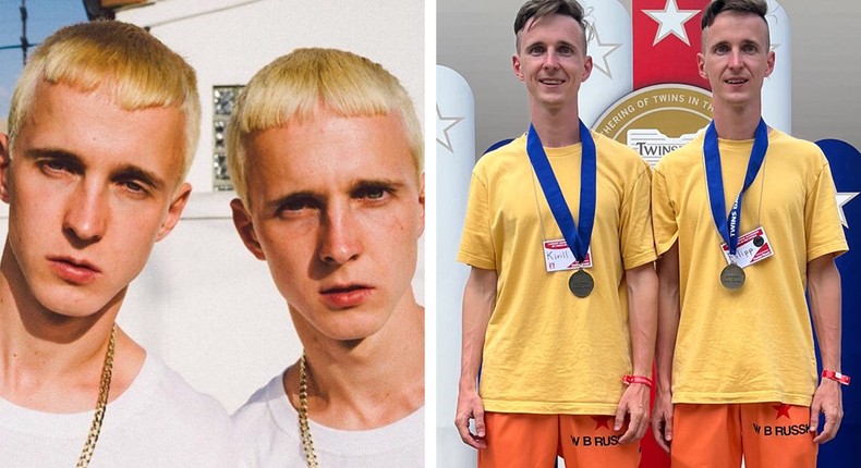 (Left) Kirill and Filipp Revega dressed as Eminem for his and Pink's Revenge music video; (Right) Winning first place in a most alike contest at the 2023 Twins Days Festival.Kirill and Filipp Revega; Julia Pugachevsky