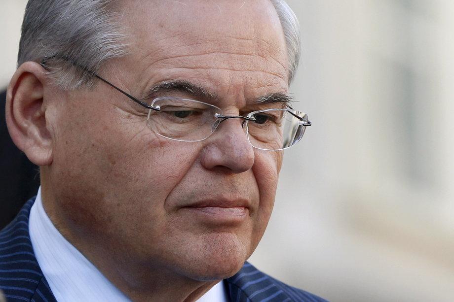 U.S. Senator Robert Menendez (D-NJ) looks down during a news conference outside the U.S. federal courthouse in Newark, New Jersey April 2, 2015.