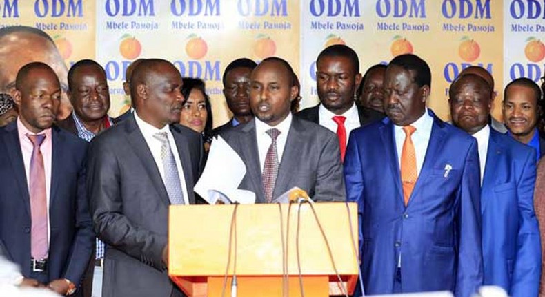 File image of ODM leaders together with party leader Raila Odinga addressing the press