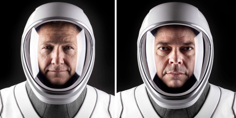 nasa astronauts doug hurley bob behnken spacex crew dragon spacesuits flight suits helmets commercial crew program ccp 2x1