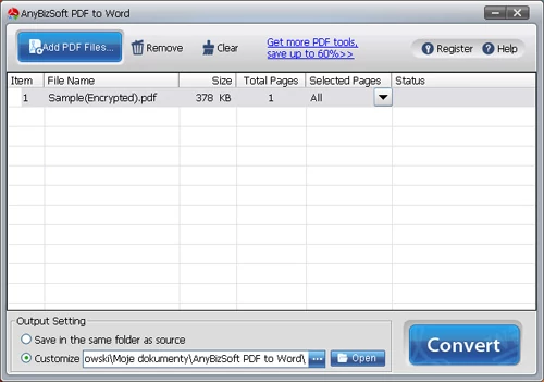 AnyBizSoft PDF to Word Converter 2.5 po pobraniu musi być zainstalowany oraz zarejestrowany w trakcie trwania oferty