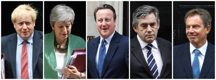 Britanski premijeri (L-D) Boris Džonson, Tereza Mej, Dejvid Kameron, Gordon Braun i Toni Bler