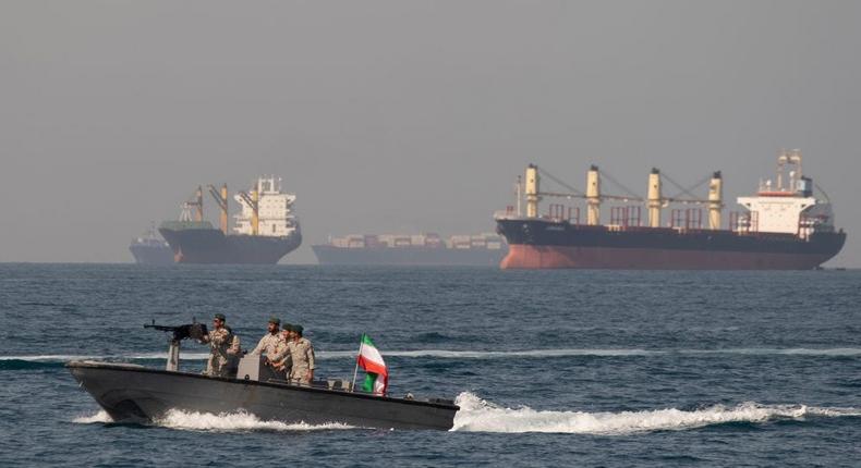 Iranian Navy soldiers at an armed speed boat in Persian Gulf near the strait of Hormuz about 1320km (820 miles) south of Tehran, April 2019.Morteza Nikoubazl/NurPhoto via Getty Images