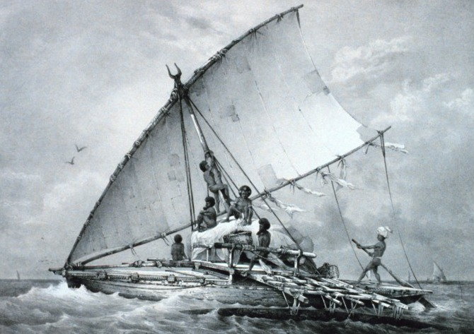 Takich łodzi używali podróżnicy mówiący językami malajsko-polinezyjskimi. litografia z połowy XIX wieku.