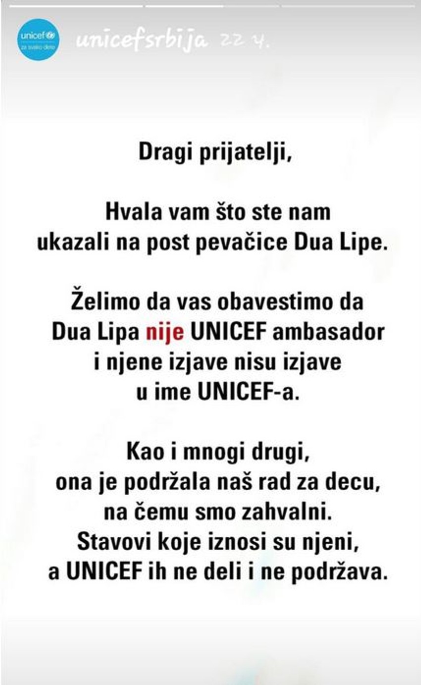 Unicef se ogradio od pevačice
