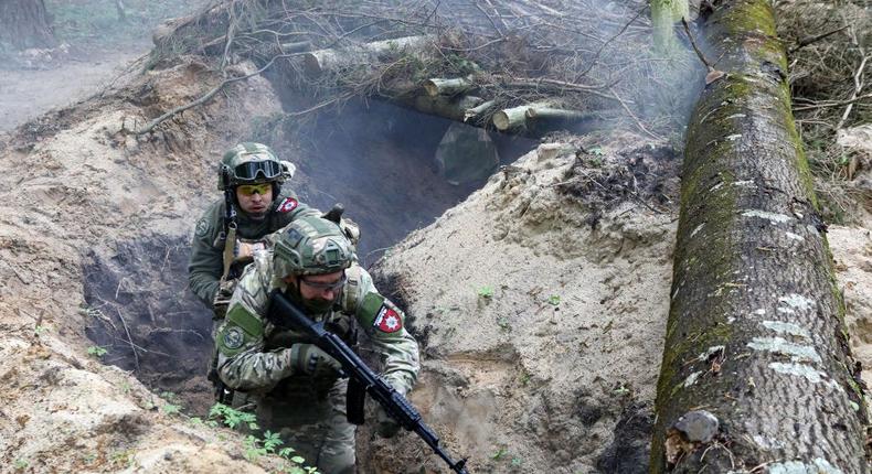 Soldiers practice clearing a trench in Ukraine at a training area in the Zhytomyr region, northern Ukraine, on April 23, 2024.NurPhoto via Getty Images