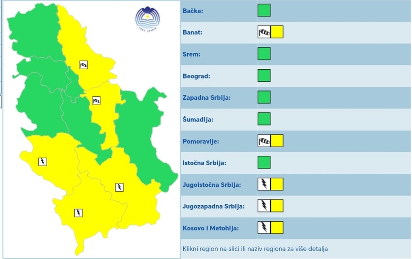 Prvi stepen upozorenja na olujni vetar i grljavinu sa i bez padavina
