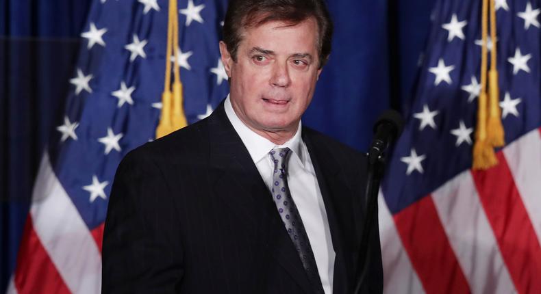 Paul Manafort checking the teleprompters before Donald Trump's speech at the Mayflower Hotel on April 27, 2016, in Washington, DC.