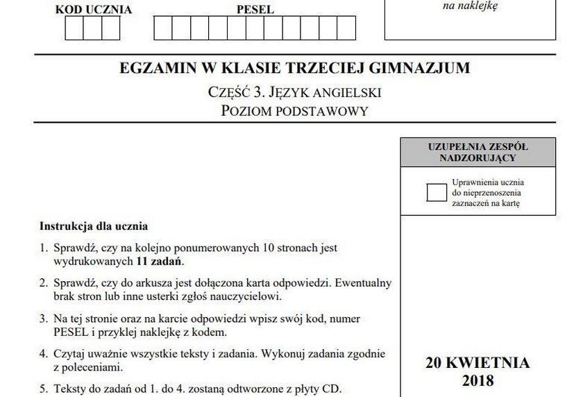 Egzamin Gimnazjalny 2018: Język angielski podstawowy i rozszerzony. Arkusze  CKE