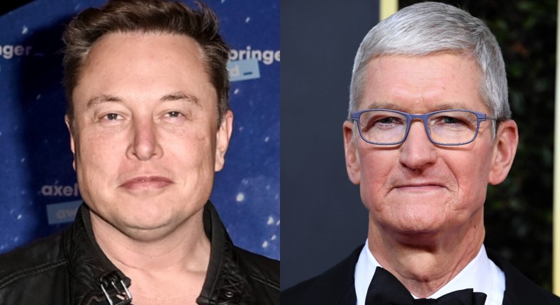 Tesla CEO Elon Musk, Apple CEO Tim Cook.Britta Pedersen-Pool/Getty Images, Steve Granitz/WireImage