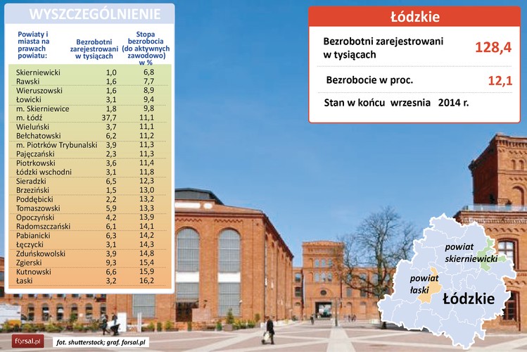 Z bezrobociem w wysokości 12,1 proc. województwo łódzkie znajduje się w samym środku rankingu regionów. Najniższą stopę bezrobocia na koniec września 2014 roku miał powiat skierniewicki - 6,8 proc. Na drugim miejscu wśród powiatów uplasował się pow. rawski (7,7 proc.). Regiony te niewątpliwie korzystają z relatywnej bliskości warszawskiego rynku pracy i dogodnego dojazdu do stolicy. 
<br>Na terenie województwa łódzkiego funkcjonuje Łódzka Specjalna Strefa Ekonomiczna. Na jej terenie inwestują m.in. Gillette, Indesit, Teka, Ceramika Tubądzin czy Atlas. W ciągu 17 lat funkcjonowania strefy powstało ponad 29 tys. miejsc pracy.
Jednym najważniejszych pracodawców w łódzkim jest Elektrownia Bełchatów. To największa w Europie elektrownia zasilana węglem brunatnym. 
<br>W samej Łodzi bezrobocie wynosi 11,1 proc. To jeden z najwyższych wskaźników wśród największych polskich miast. Łódź coraz bardziej się też wyludnia – w ciągu minionych 20 lat, miasto opuściło 112 tys. osób – wynika z raportu 'Depopulacja dużych miast w Polsce' Uniwersytetu Łódzkiego. 
Niegdyś Łódź była wielkim ośrodkiem przemysłu włókienniczego, dziś znaczenie tego sektora jest już znacznie mniejsze. Wśród najbardziej znanych firm z tej branży siedziby w Łodzi mają m.in. . Próchnik, Redan S.A. czy Monnari Trade.
<br>Powiaty z najwyższym bezrobociem w regionie to pow. łaski (16,2 proc.) i kutnowski (15,9 proc.).