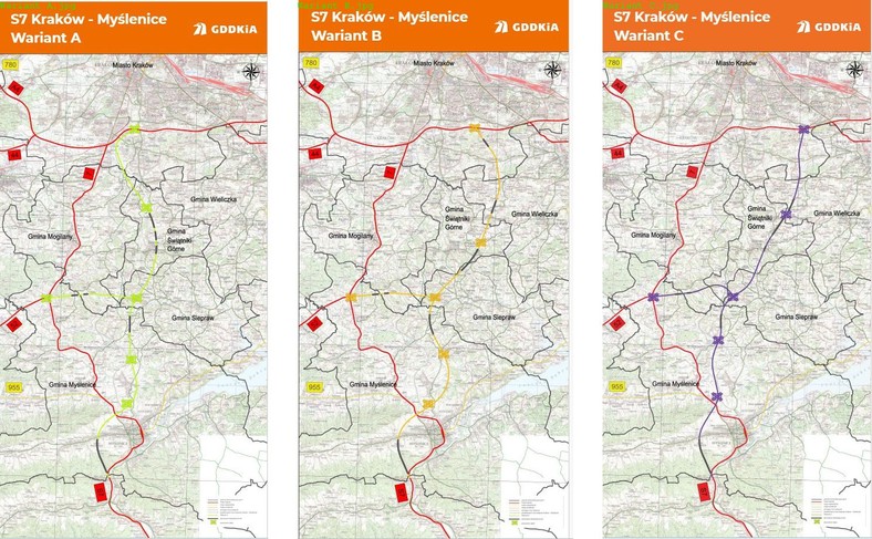 S7 Kraków - Myślenice warianty A, B, C