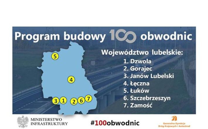 1. Obwodnica Dzwoli w ciągu drogi krajowej nr 74. Planowana data ogłoszenia przetargu: II kw. 2021 r.<br>
2. Obwodnica Gorajca w ciągu drogi krajowej nr 74. Planowana data ogłoszenia przetargu: II kw. 2021 r.<br>
3. Obwodnica Janowa Lubelskiego w ciągu drogi krajowej nr 74. Planowana data ogłoszenia przetargu: IV kw. 2023 r.<br>
4. Obwodnica Łęcznej w ciągu drogi krajowej nr 82. Planowana data ogłoszenia przetargu: III kw. 2023 r.<br>
5. Obwodnica Łukowa w ciągu dróg krajowych nr 63 i 76. Planowana data ogłoszenia przetargu: I kw. 2023 r.<br>
6. Obwodnica Szczebrzeszyna w ciągu drogi krajowej nr 74. Planowana data ogłoszenia przetargu: IV kw. 2023 r.<br>
7. Obwodnica Zamościa w ciągu drogi krajowej nr 74. Planowana data ogłoszenia przetargu: III kw. 2025 r.