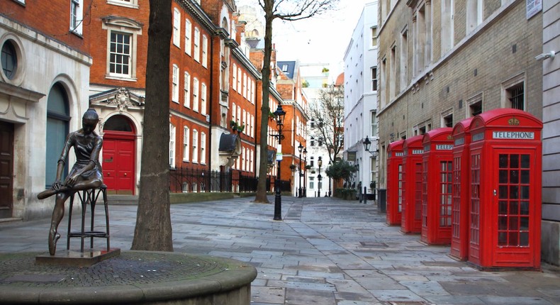 A view of a deserted road opposite the Royal Opera House in Covent Garden in London, England, on December 19, 2020.