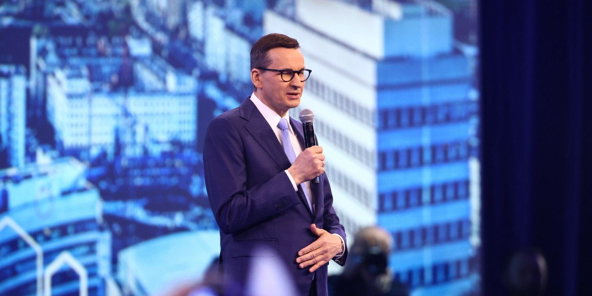 Premier Mateusz Morawiecki podczas wystąpienia na sobotniej konwencji PiS.