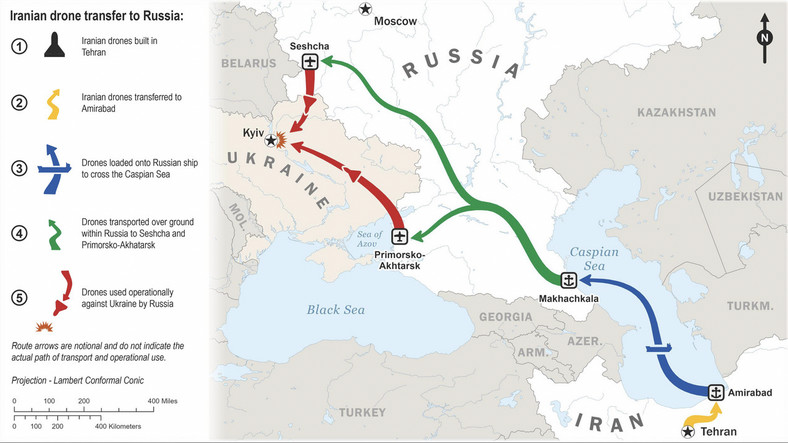 Mapa pokazująca, w jaki sposób irańskie drony są przekazywane do Rosji, a następnie wysyłane na pole bitwy na Ukrainie