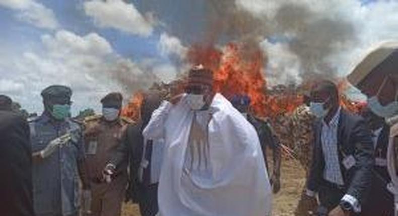 Gov. Babagana Zulum of Borno and other head of security agencies at the scene of the drug burning. [NAN]