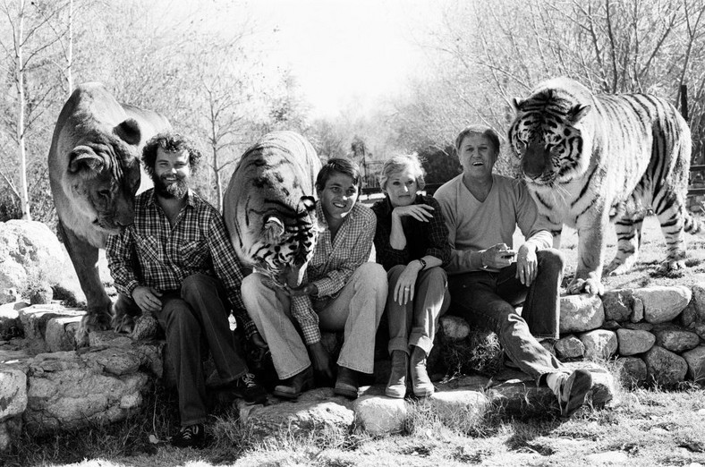 Tipi Hedren, Noel Marshall, jego synowie John i Jerry oraz ich tygrysy, 1982 r.
