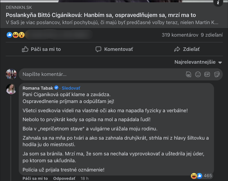Reakcia Romany Tabák na facebooku. 