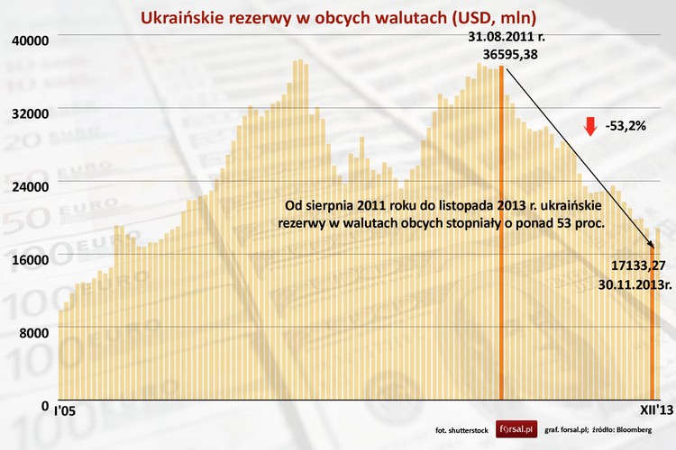 Ukraińskie rezerwy w obcych walutach zmalały od końca sierpnia 2011 r. do końca listopada 2013 r. aż o 53 proc. Tylko w okresie listopada 2013 spadek wartości rezerw wyniósł prawie 2 mld USD. Bank centralny tłumaczy to koniecznością spłacania obligacji państwowych oraz długów wobec MFW, a także koniecznością stabilizacji kursu hrywny.