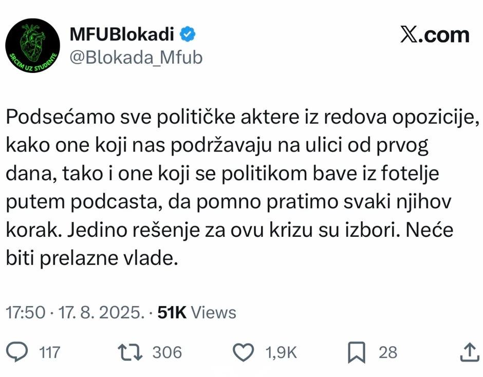 Tvit studenata u blokadi o prelaznoj vladi