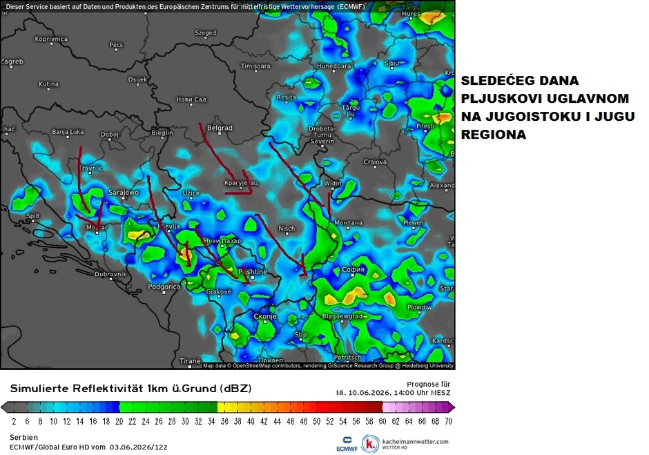 Mapa padavina za subotu