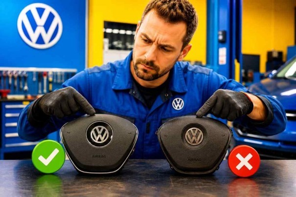 Mechanik porovnáva originálny a falošný airbag Volkswagen na stole. 