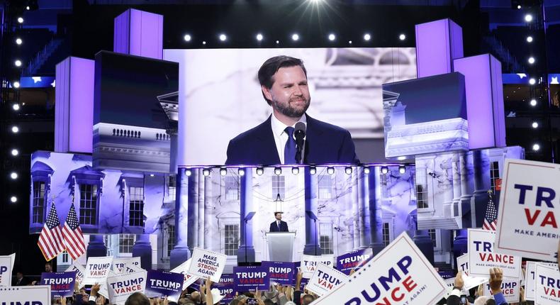 Republican vice presidential candidate, Sen. J.D. Vance, speaks on stage at the Republican National Convention.Alex Wong/Getty