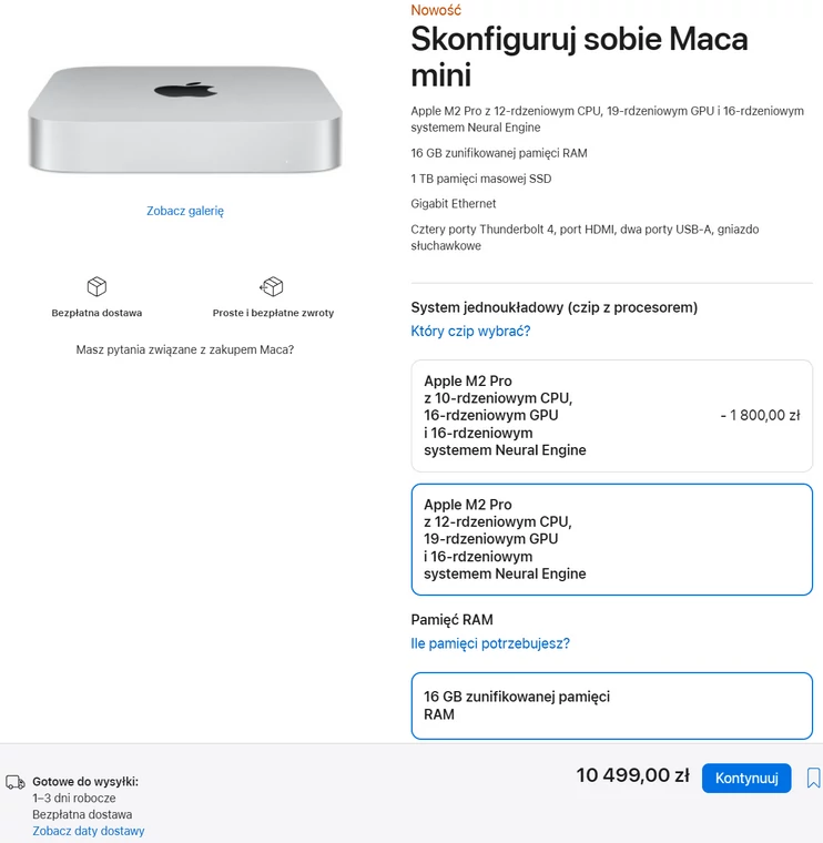 Apple Mac mini (2023) – cena omawianej konfiguracji z 12-rdzeniowym układem M2 Pro