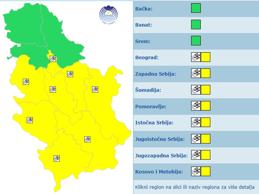 Meteoalarm za ponedeljak
