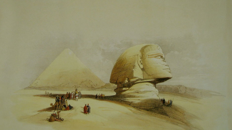 Wieki Sfinks (przed odkopaniem i renowacją) i Piramida Cheopsa w Gizie. Autor: David Roberts, 1838 rok (domena publiczna)