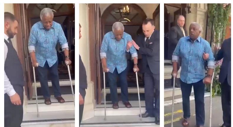 Amama Mbabazi was filmed struggling to walk in London