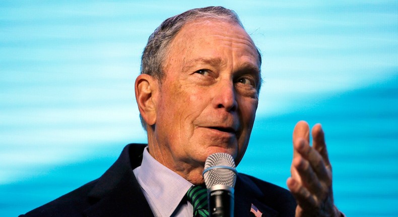 Democratic Presidential candidate and former New York City Mayor Michael Bloomberg gestures while taking part in an on-stage conversation with former California Gov. Jerry Brown at the American Geophysical Union fall meeting Wednesday, Dec. 11, 2019, in San Francisco. Bloomberg made his first visit to California as a Democratic presidential candidate, appearing earlier with the mayor of Stockton who's championed universal basic income. Bloomberg and Brown talked about America's Pledge, bringing together leaders to ensure the U.S. remains a global leader in reducing emissions and delivering the goals of the Paris Agreement. (AP Photo/Eric Risberg)