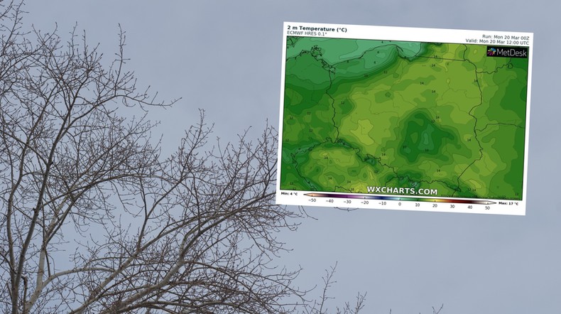 W poniedziałek pojawi się więcej chmur i deszczu (mapa: wxcharts.com)