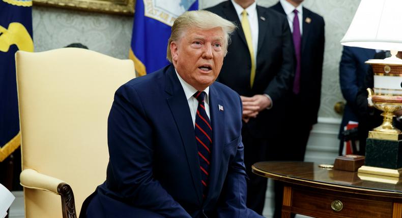 President Donald Trump speaks during a meeting with Italian President Sergio Mattarella in the Oval Office of the White House, Wednesday, Oct. 16, 2019, in Washington. (AP Photo/Evan Vucci)