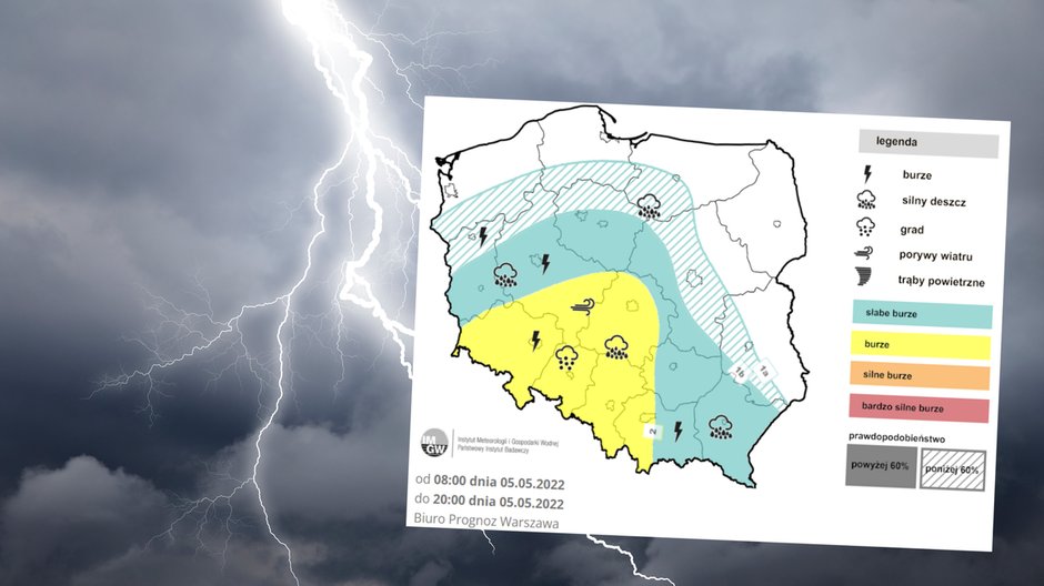 W czwartek burze możliwe są na przeważającym obszarze kraju (mapa: IMGW)