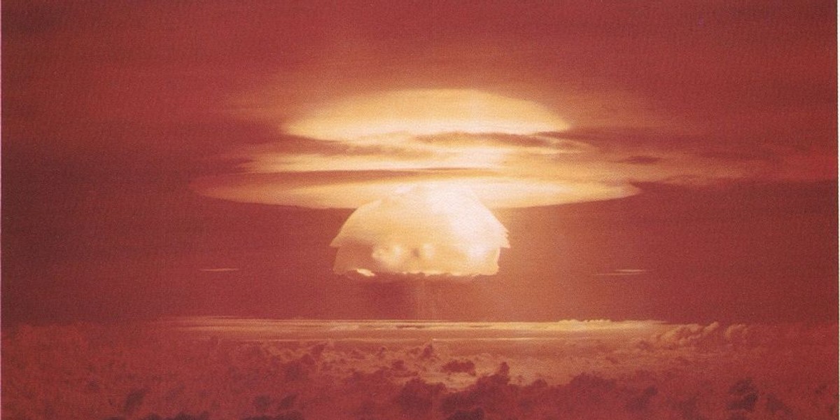 The mushroom cloud of the Castle Bravo test device, detonated on March 1, 1954. The 15,000-kiloton bomb was the most powerful nuclear device the US ever detonated.