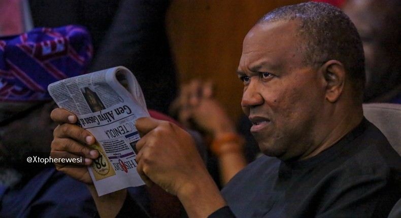 Labour Party presidential candidate, Peter Obi, attends proceedings at the presidential election petition tribunal in Abuja. [Twitter:@AlwaysJayjam]