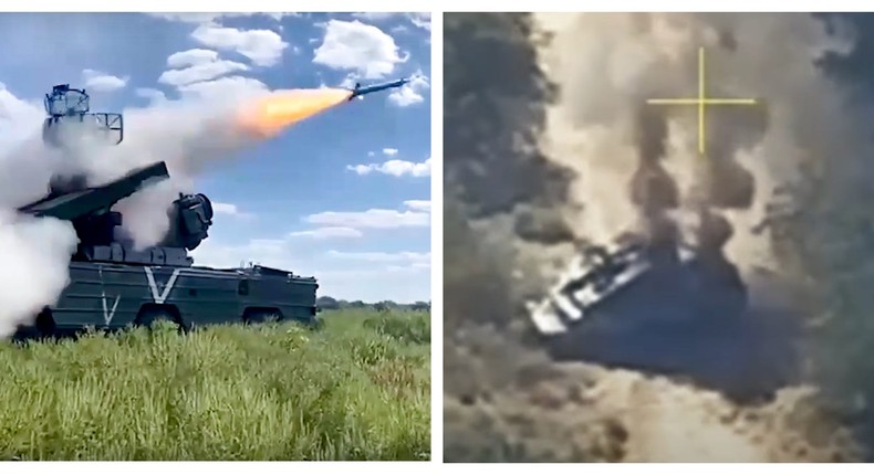 A composite image shows a Russian Osa system and a still from footage that Ukraine said showed an Osa destroyed by a drone.Russian Defense Ministry Press Service photo via AP; GUR; Business Insider