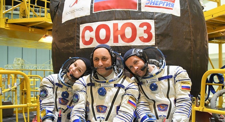 Cosmonaut Anton Shkaplerov, actress Yulia Peresild and film director Klim Shipenko attend a training session for their expedition to the International Space Station, at the Baikonur Cosmodrome in Kazakhstan, September 19, 2021.
